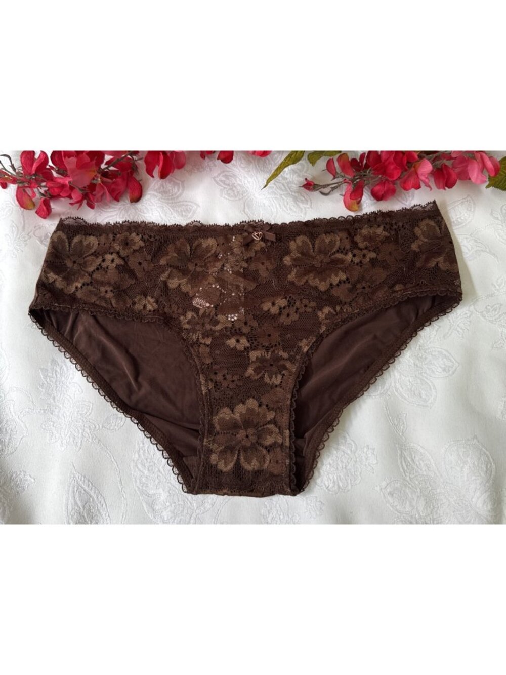 VICTORIA'S SECRET S BROWN BODY BY VICTORIA HIPSTER SILKY W LACE CHARM PANTIES